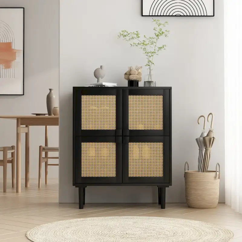 Armoire de rangement à 4 portes en rotin tressé