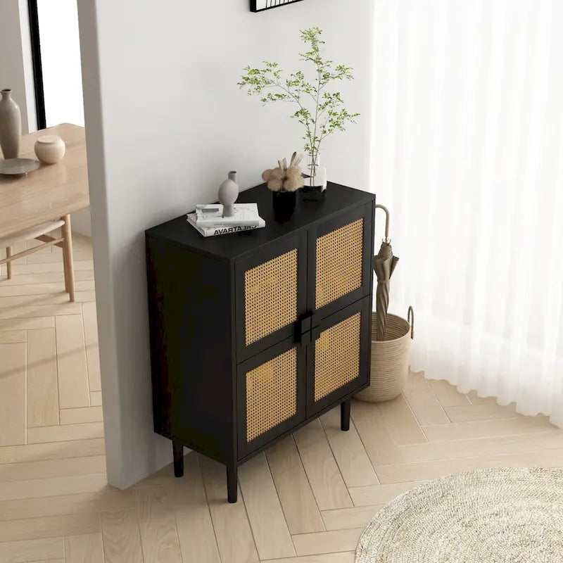 Armoire de rangement à 4 portes en rotin tressé