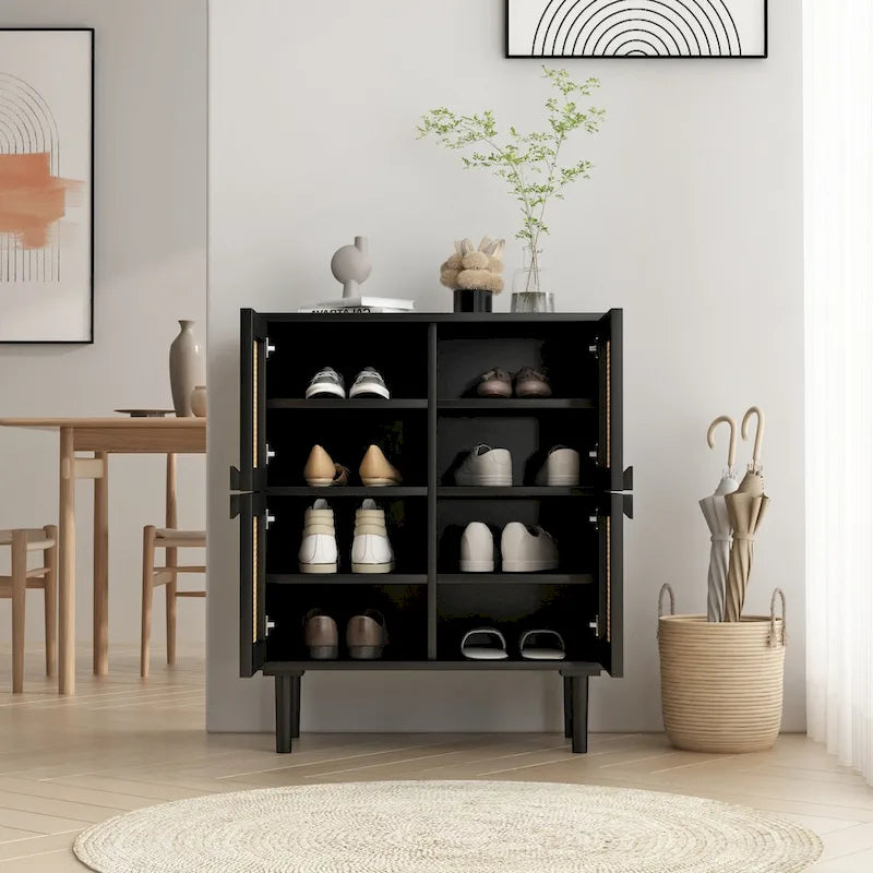 Armoire de rangement à 4 portes en rotin tressé