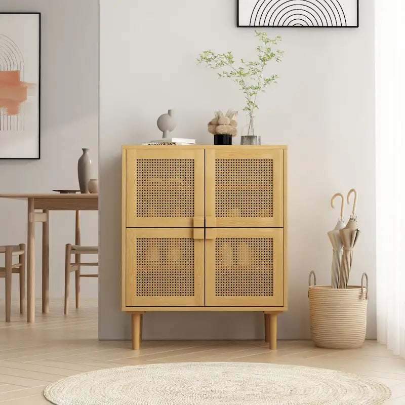 Armoire de rangement à 4 portes en rotin tressé
