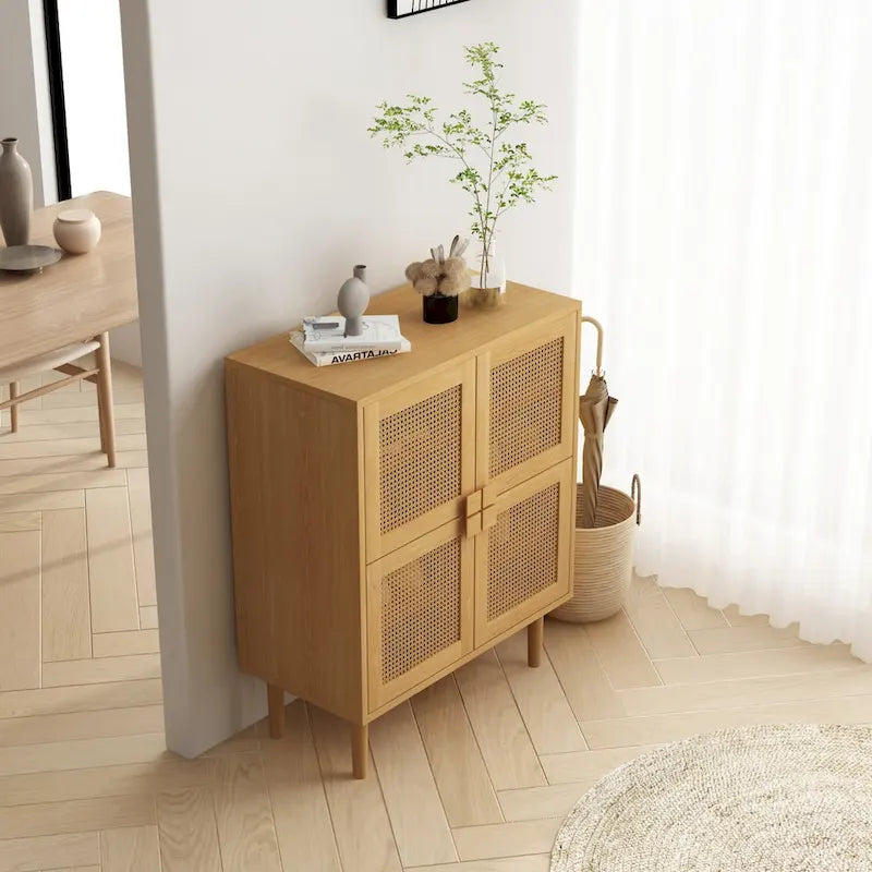 Armoire de rangement à 4 portes en rotin tressé