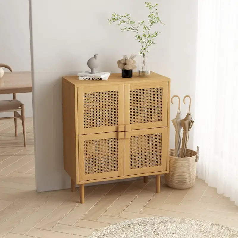 Armoire de rangement à 4 portes en rotin tressé