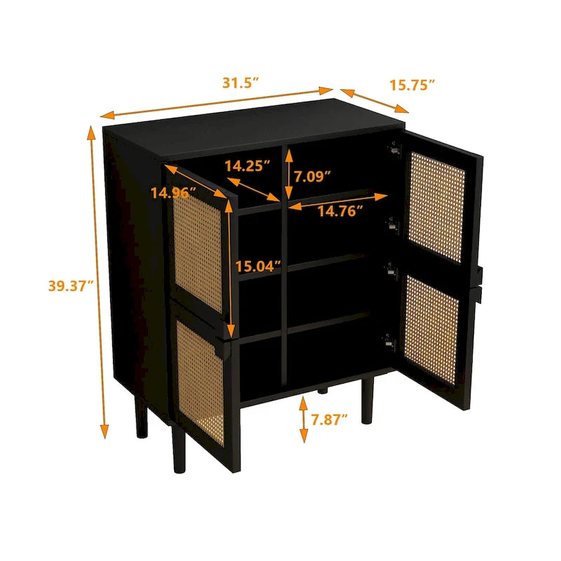 Armoire de rangement à 4 portes en rotin tressé