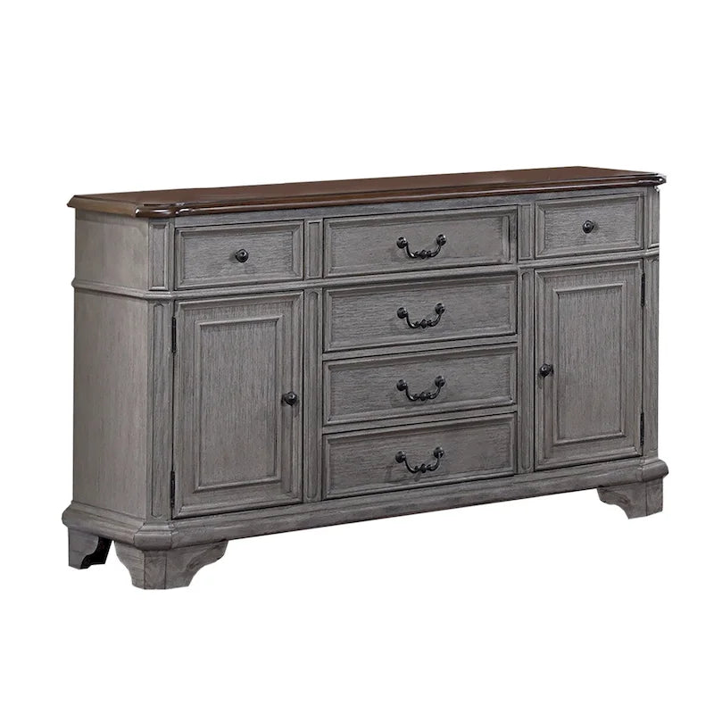 Buffet en bois à 6 tiroirs et 2 portes, coloris gris clair et cerisier