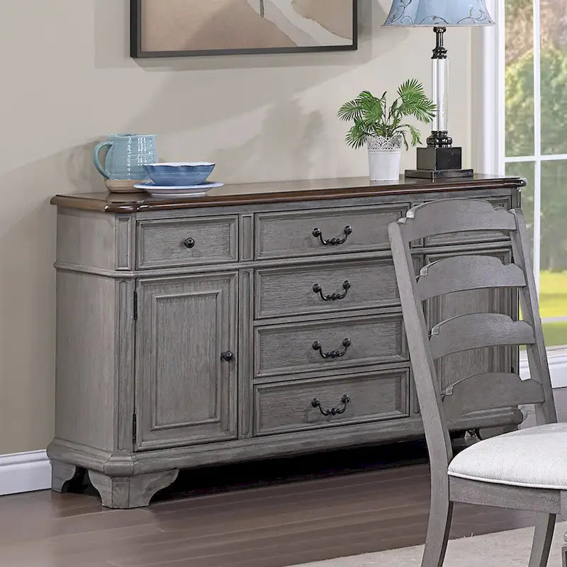 Buffet en bois à 6 tiroirs et 2 portes, coloris gris clair et cerisier