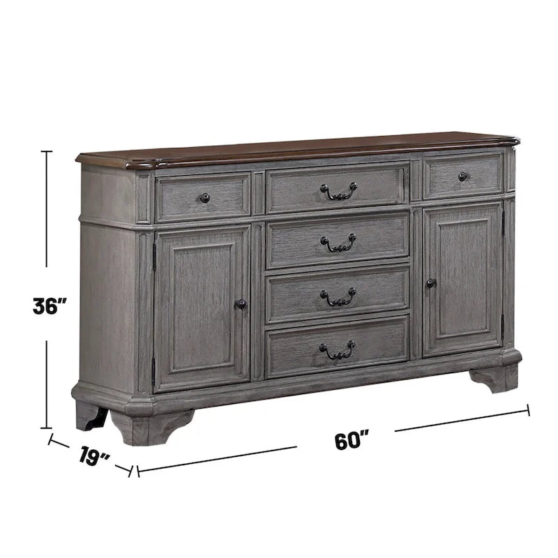 Buffet en bois à 6 tiroirs et 2 portes, coloris gris clair et cerisier