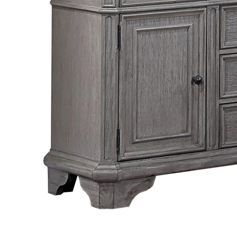 Buffet en bois à 6 tiroirs et 2 portes, coloris gris clair et cerisier