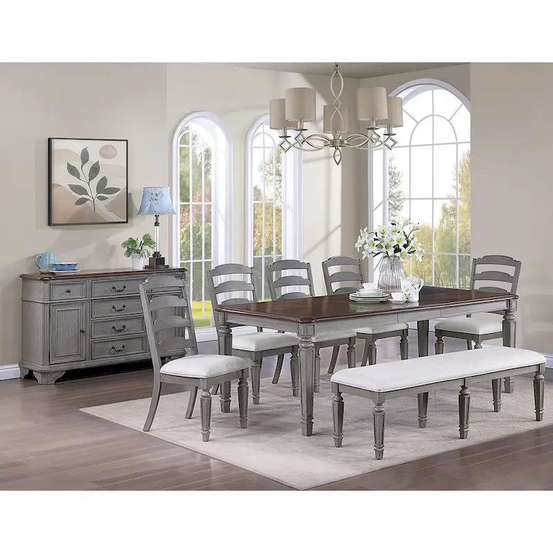 Buffet en bois à 6 tiroirs et 2 portes, coloris gris clair et cerisier
