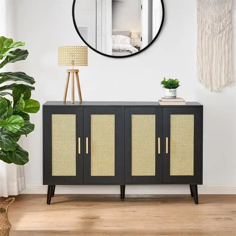Rattan Sideboard Buffet Cabinet with 4 Doors and Adjustable Shelves - 11.8D x 47.2W x 29.5H