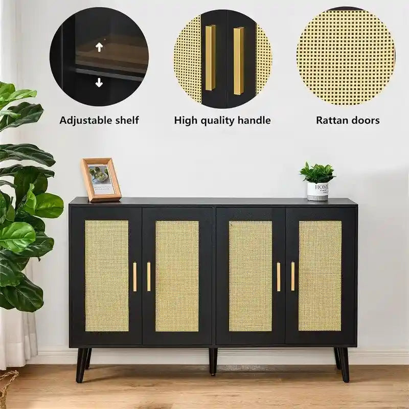 Buffet en rotin à 4 portes et étagères réglables - 11,8 cm (P) x 47,2 cm (L) x 29,5 cm (H)