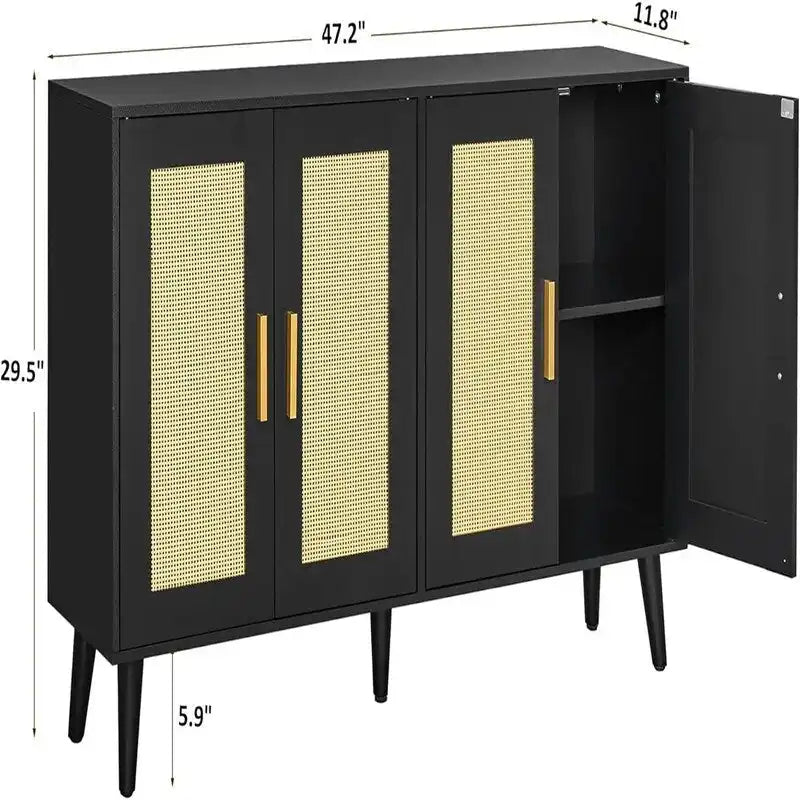 Buffet en rotin à 4 portes et étagères réglables - 11,8 cm (P) x 47,2 cm (L) x 29,5 cm (H)