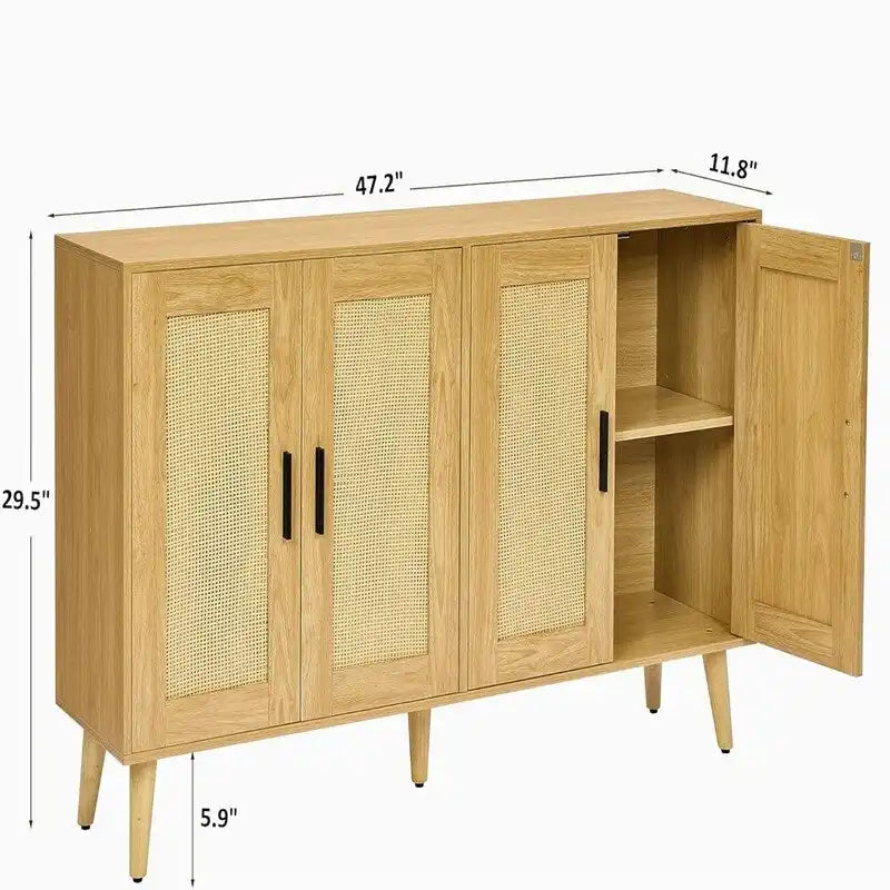Buffet en rotin à 4 portes et étagères réglables - 11,8 cm (P) x 47,2 cm (L) x 29,5 cm (H)