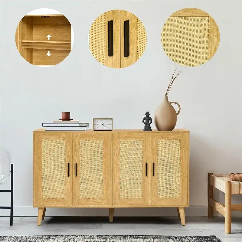 Buffet en rotin à 4 portes et étagères réglables - 11,8 cm (P) x 47,2 cm (L) x 29,5 cm (H)