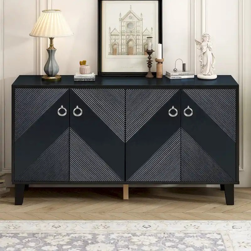 Meuble léger et luxueux orné de motifs géométriques, idéal pour un couloir, une entrée ou un salon.