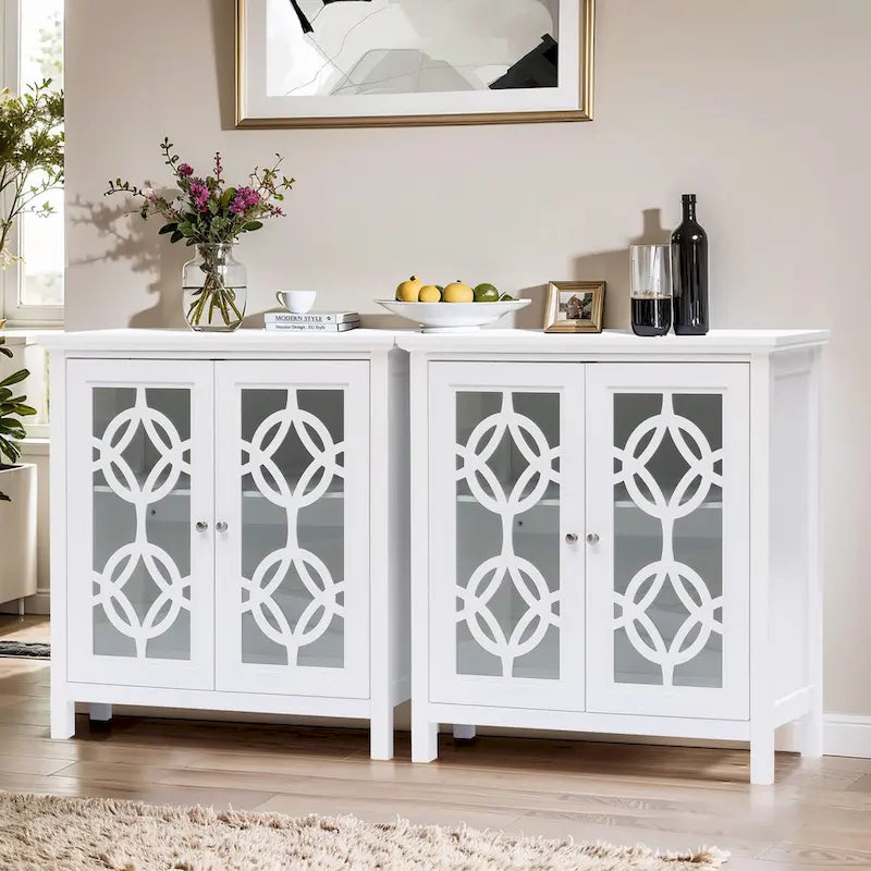 Buffet en pin blanc de 35,8 pouces de large avec portes vitrées (ensemble de 2)