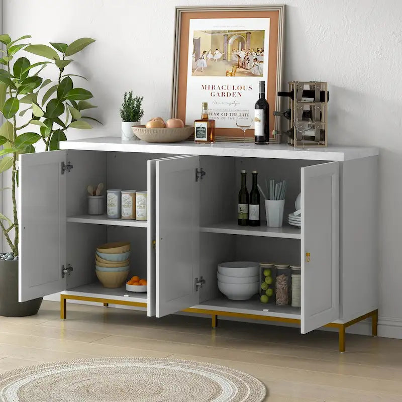 Buffet/vaisselier avec plateau en faux marbre et grand espace de rangement pour salle à manger (59,30 €).