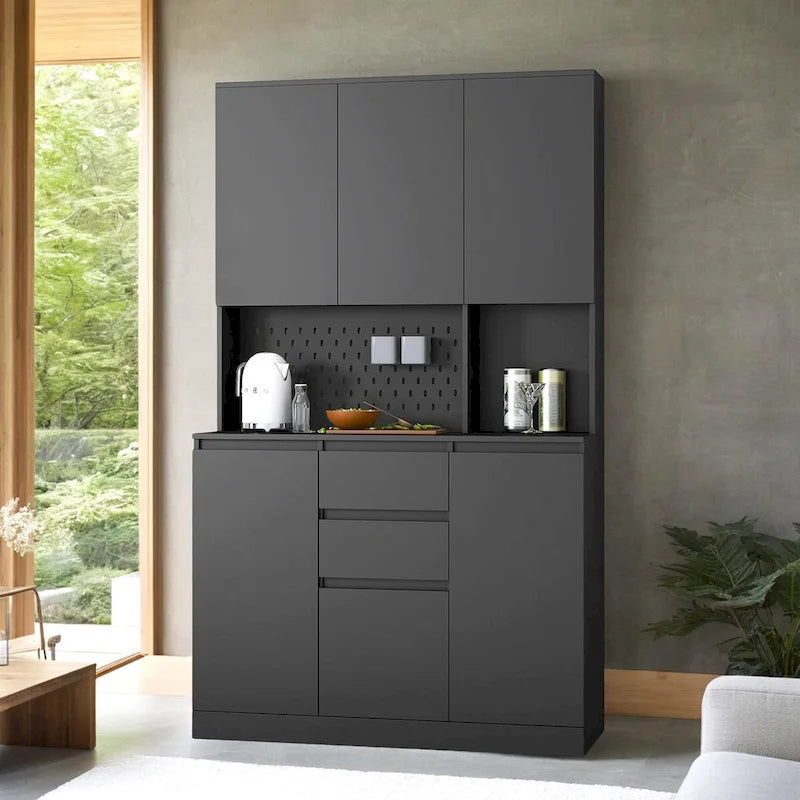 Armoire de cuisine autoportante de 74 pouces avec 6 portes, 3 étagères et 2 tiroirs, armoire polyvalente pour la cuisine et le rangement.