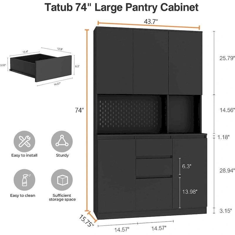Armoire de cuisine autoportante de 74 pouces avec 6 portes, 3 étagères et 2 tiroirs, armoire polyvalente pour la cuisine et le rangement.