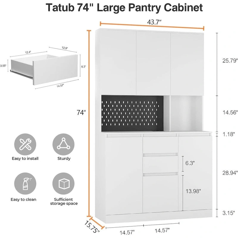 Armoire de cuisine autoportante de 74 pouces avec 6 portes, 3 étagères et 2 tiroirs, armoire polyvalente pour la cuisine et le rangement.