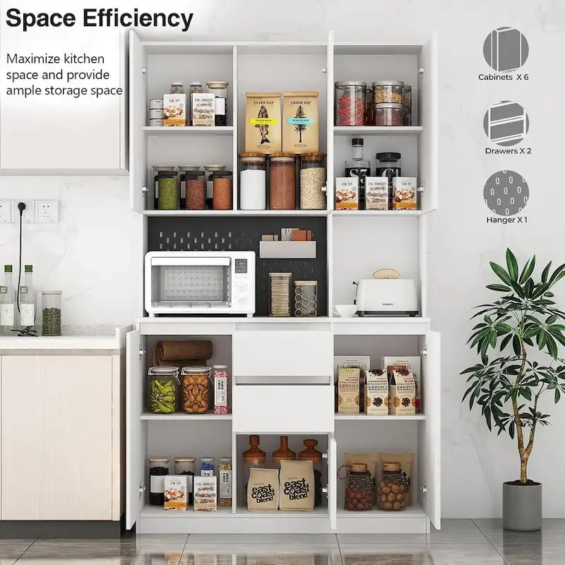 Armoire de cuisine autoportante de 74 pouces avec 6 portes, 3 étagères et 2 tiroirs, armoire polyvalente pour la cuisine et le rangement.