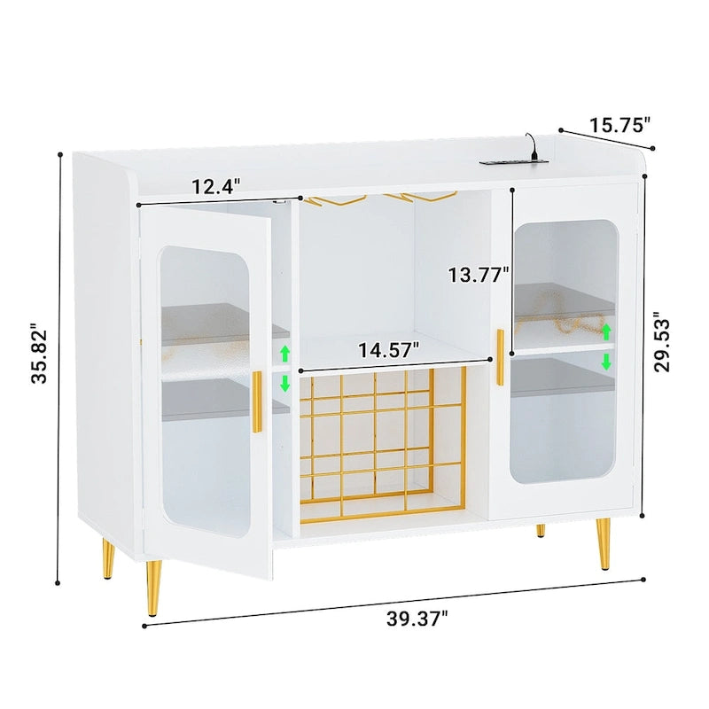 Meuble bar avec prise électrique et éclairage LED, buffet à vin avec casier à bouteilles et à verres.