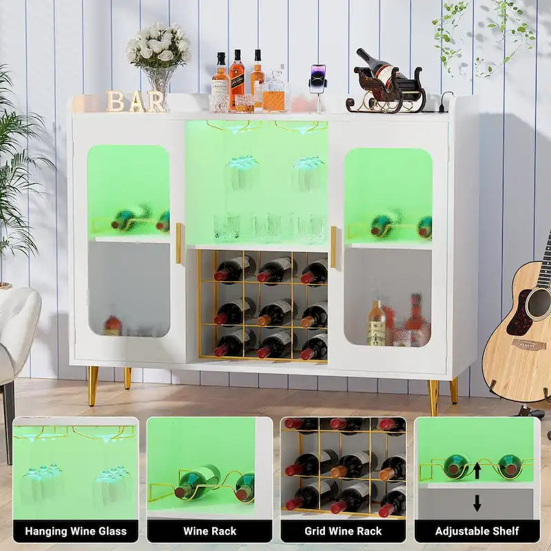 Meuble bar avec prise électrique et éclairage LED, buffet à vin avec casier à bouteilles et à verres.