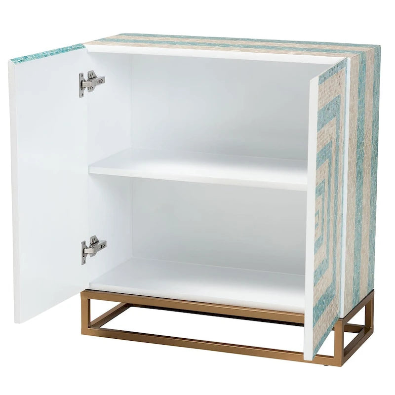 Armoire de rangement Utari style bohème moderne bicolore beige et bleu, en nacre et métal doré