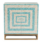 Armoire de rangement Utari style bohème moderne bicolore beige et bleu, en nacre et métal doré