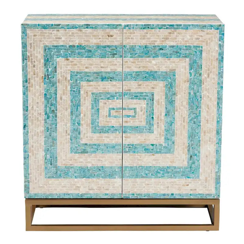 Armoire de rangement Utari style bohème moderne bicolore beige et bleu, en nacre et métal doré