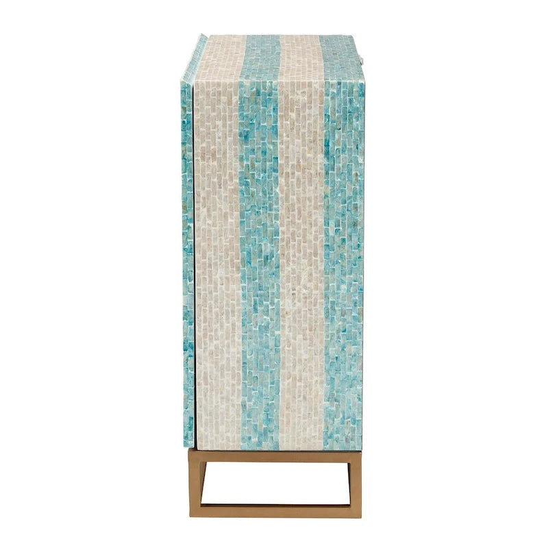 Armoire de rangement Utari style bohème moderne bicolore beige et bleu, en nacre et métal doré