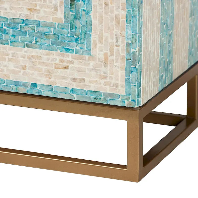 Armoire de rangement Utari style bohème moderne bicolore beige et bleu, en nacre et métal doré