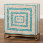 Armoire de rangement Utari style bohème moderne bicolore beige et bleu, en nacre et métal doré