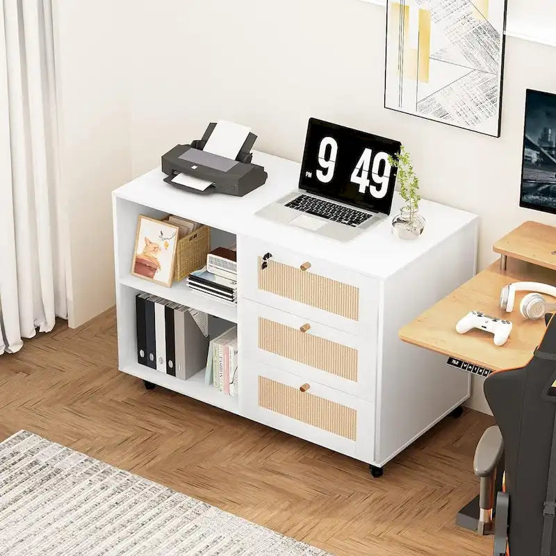 Classeur à tiroirs avec serrure, armoire de rangement mobile latérale pour bureau à domicile avec étagères de rangement ouvertes