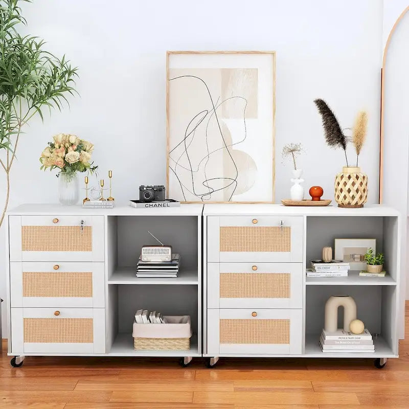 Classeur à tiroirs avec serrure, armoire de rangement mobile latérale pour bureau à domicile avec étagères de rangement ouvertes