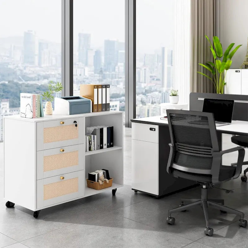 Classeur à tiroirs avec serrure, armoire de rangement mobile latérale pour bureau à domicile avec étagères de rangement ouvertes
