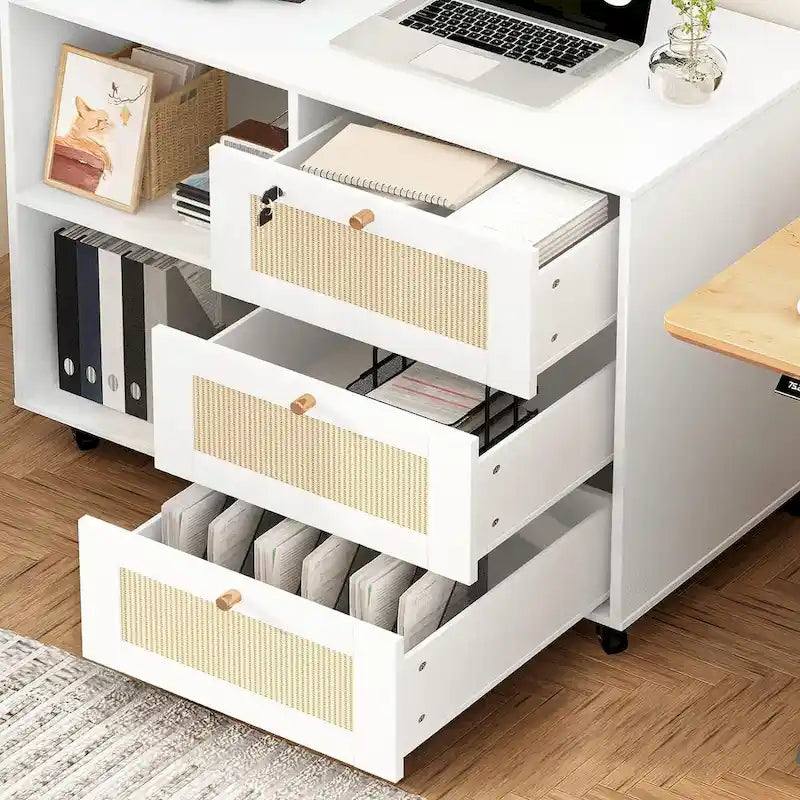 Classeur à tiroirs avec serrure, armoire de rangement mobile latérale pour bureau à domicile avec étagères de rangement ouvertes