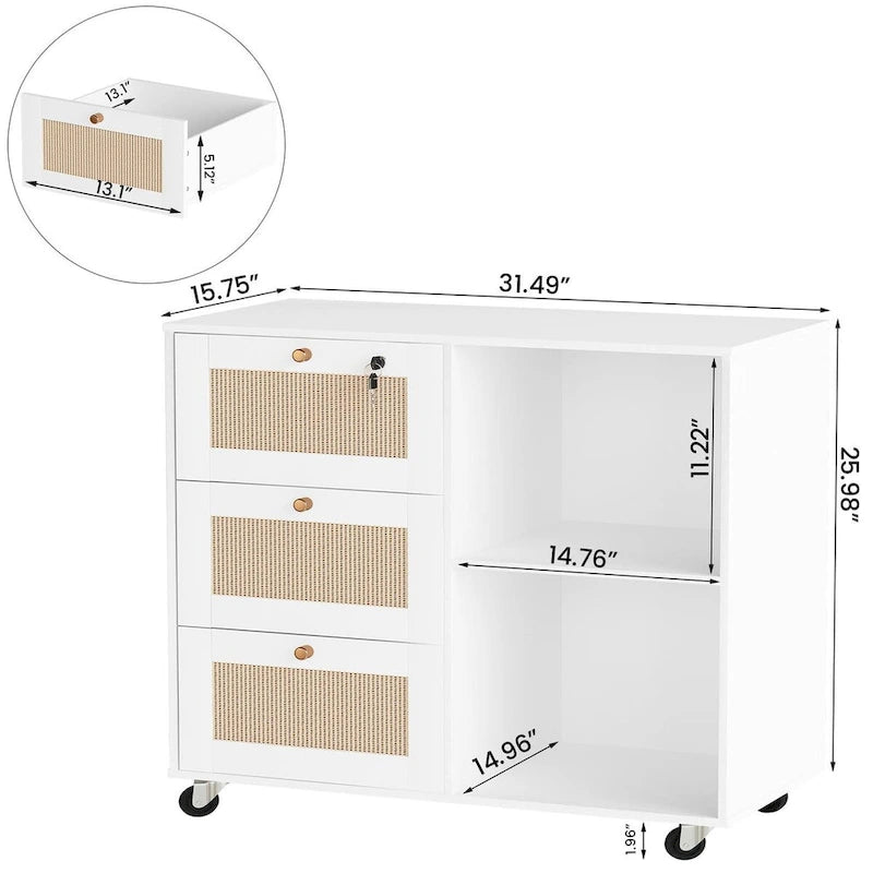 Classeur à tiroirs avec serrure, armoire de rangement mobile latérale pour bureau à domicile avec étagères de rangement ouvertes