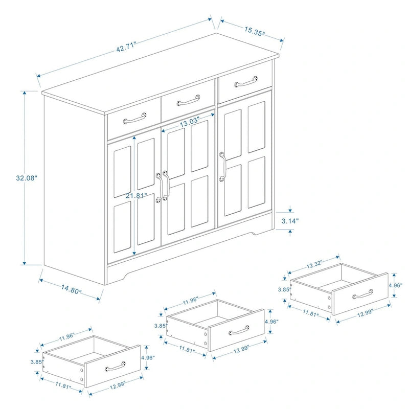 Buffet de style campagnard avec 3 tiroirs et 3 portes