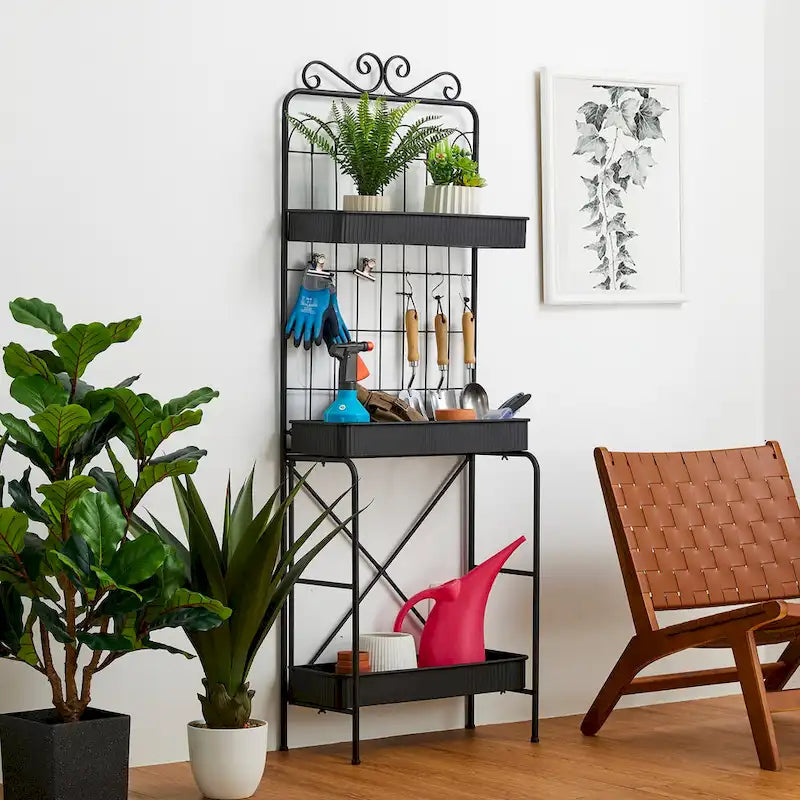 Étagère à plantes Glitzhome 68H à 3 niveaux en métal noir, support de cuisine multifonctionnel pour l'intérieur et l'extérieur.