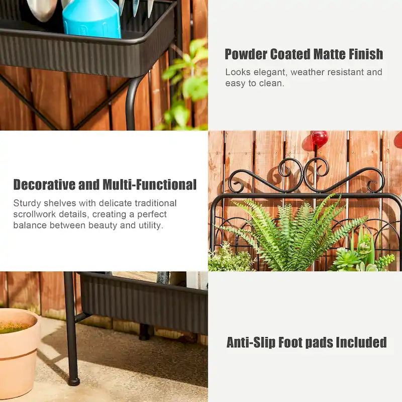Étagère à plantes Glitzhome 68H à 3 niveaux en métal noir, support de cuisine multifonctionnel pour l'intérieur et l'extérieur.