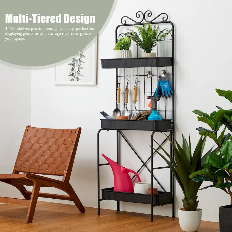 Étagère à plantes Glitzhome 68H à 3 niveaux en métal noir, support de cuisine multifonctionnel pour l'intérieur et l'extérieur.