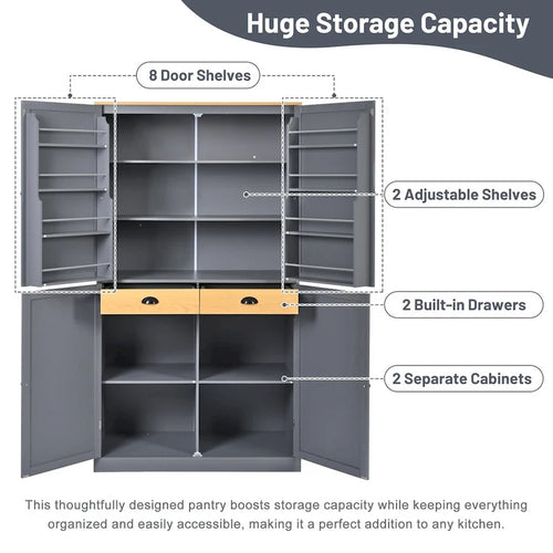 Armoire de rangement de cuisine autoportante de 40,2 x 20 x 71,3 pouces de haut, avec 2 tiroirs, 2 étagères réglables et 8 étagères de porte.