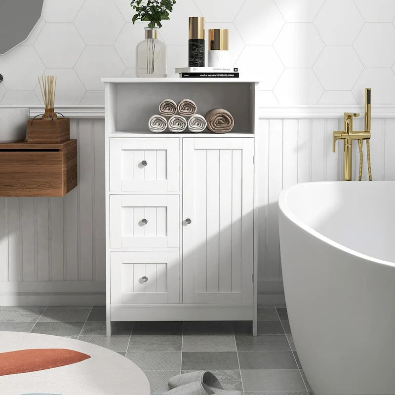 Meuble de rangement sur pied blanc Nestfair pour salle de bain, avec 3 tiroirs et 1 porte - Non disponible