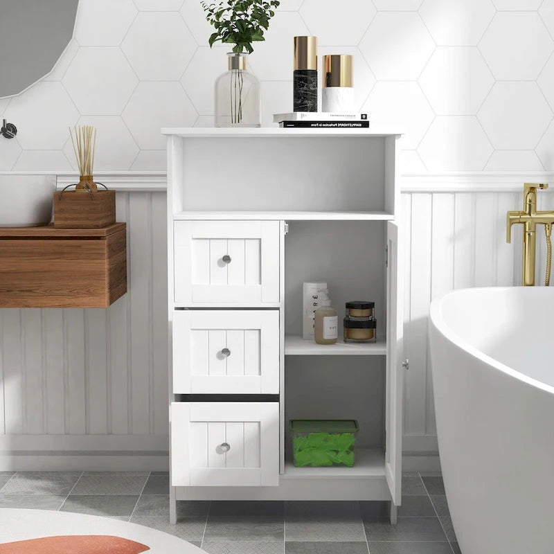 Meuble de rangement sur pied blanc Nestfair pour salle de bain, avec 3 tiroirs et 1 porte - Non disponible