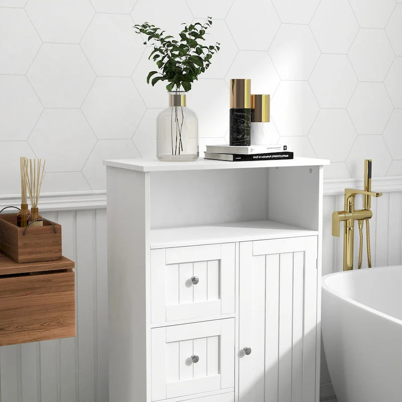 Meuble de rangement sur pied blanc Nestfair pour salle de bain, avec 3 tiroirs et 1 porte - Non disponible