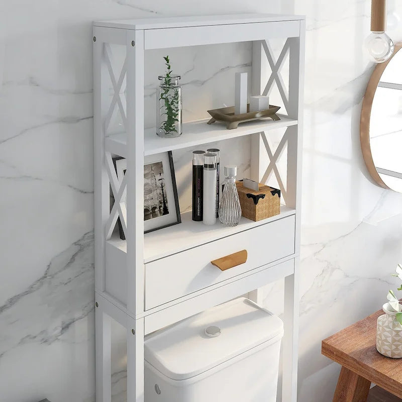 Meuble de rangement blanc à placer au-dessus des toilettes, avec un tiroir et deux étagères.
