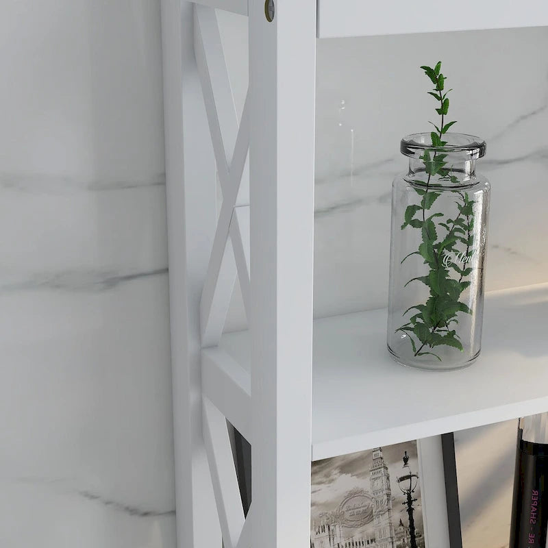 Meuble de rangement blanc à placer au-dessus des toilettes, avec un tiroir et deux étagères.