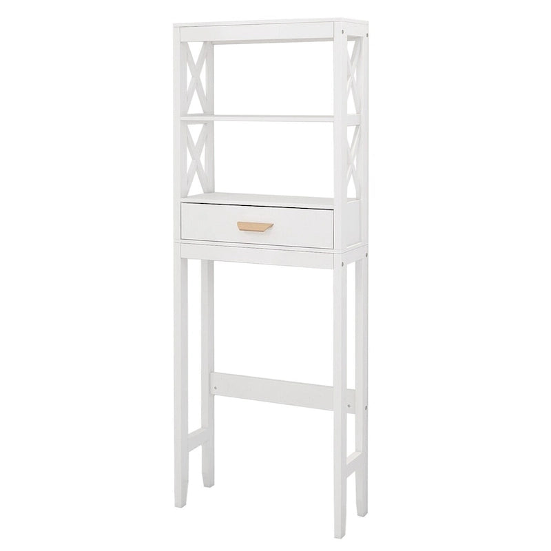 Meuble de rangement blanc à placer au-dessus des toilettes, avec un tiroir et deux étagères.