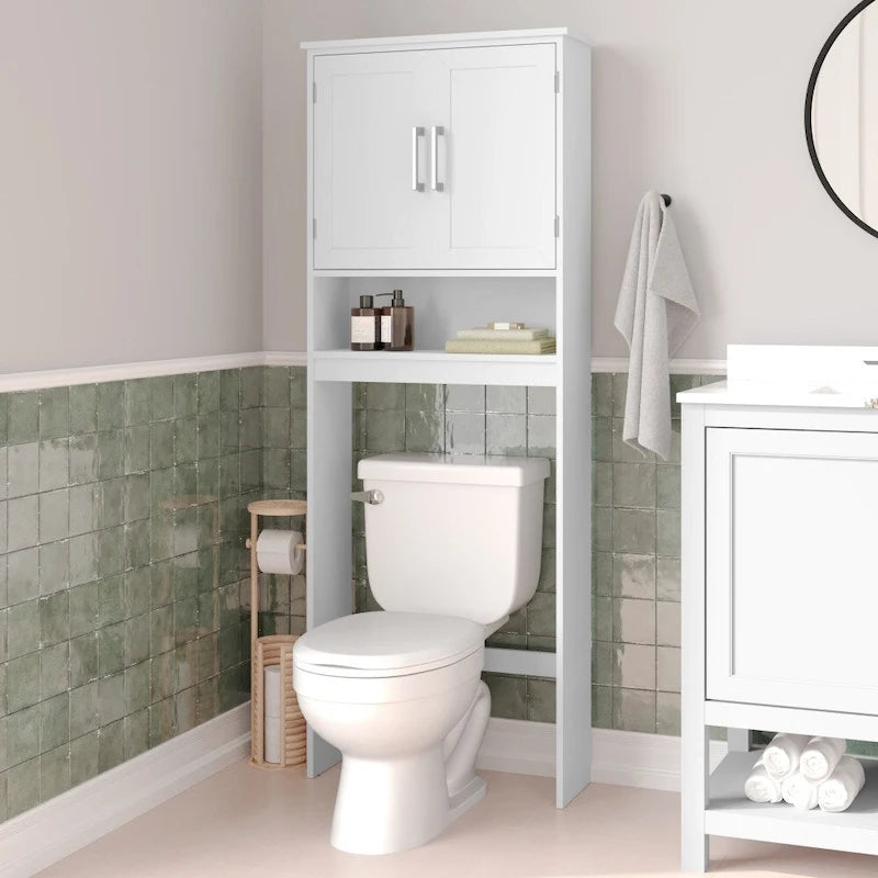 Meuble de rangement gris moderne à placer au-dessus des toilettes, avec 2 étagères et portes