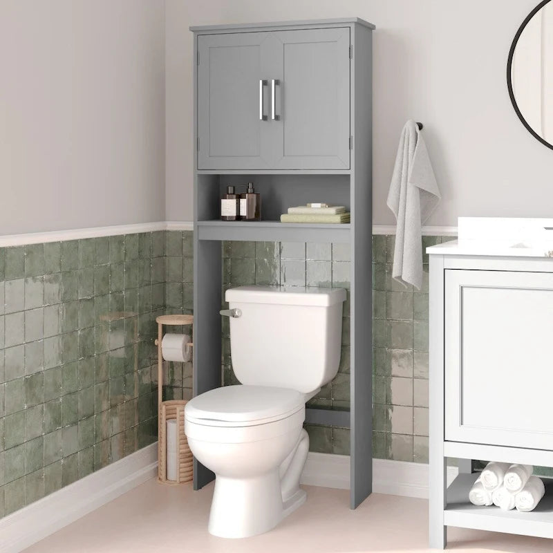 Meuble de rangement gris moderne à placer au-dessus des toilettes, avec 2 étagères et portes